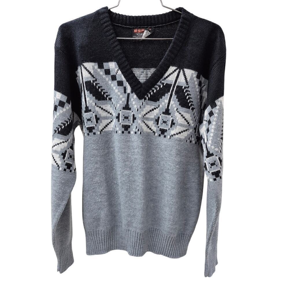 VTG 80s Esprit by Campus Virgin Orlon Acrylic V Neck Sweater Blk/Gry Womens M